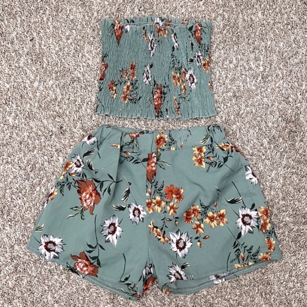 SHEIN Green Floral Two Piece Romper Set, Size Small